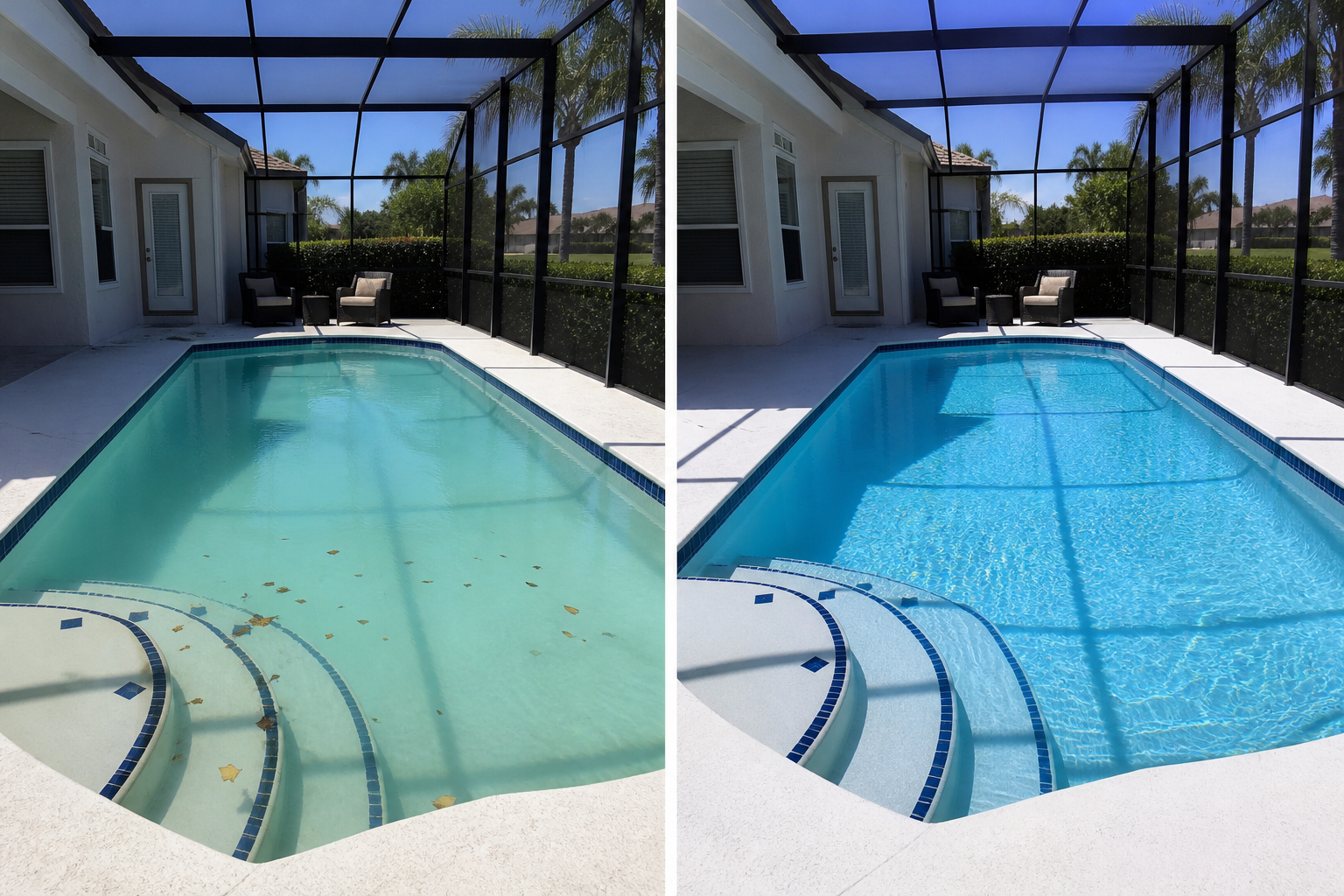 Temporary demonstration of a residential pool before and after maintenance