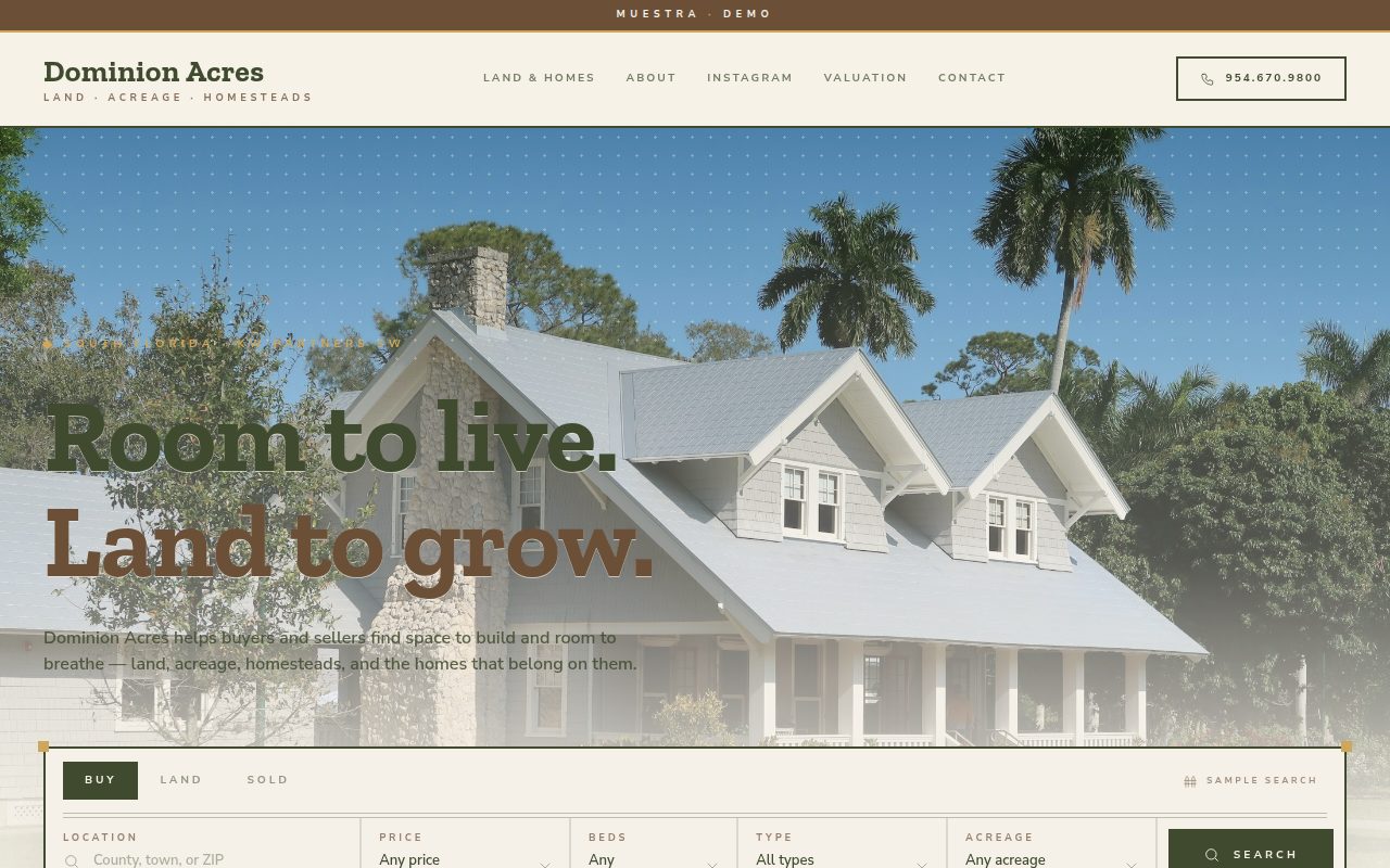 Dominion Acres — demo personalizado de sitio web